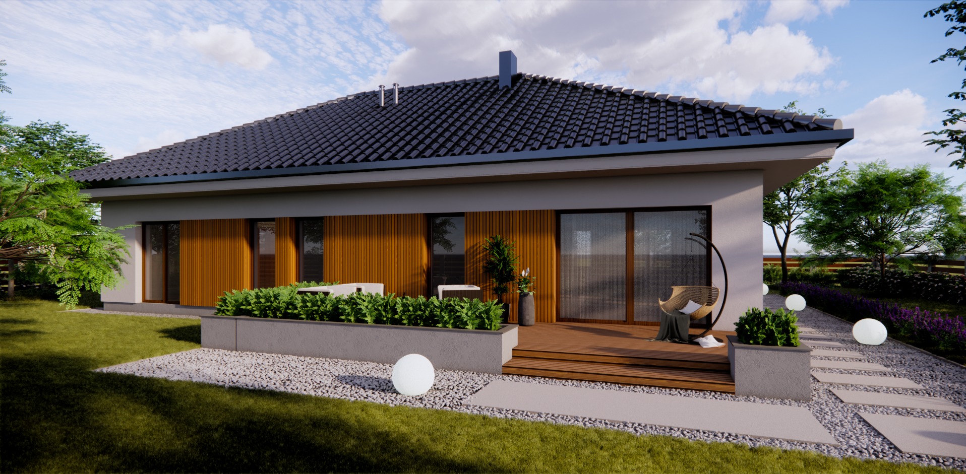 Wizualizacja nowoczesnego domu jednorodzinnego z drewnianą elewacją i tarasem w Częstochowie, otoczonego zielenią i oświetlonego kulistymi lampami.