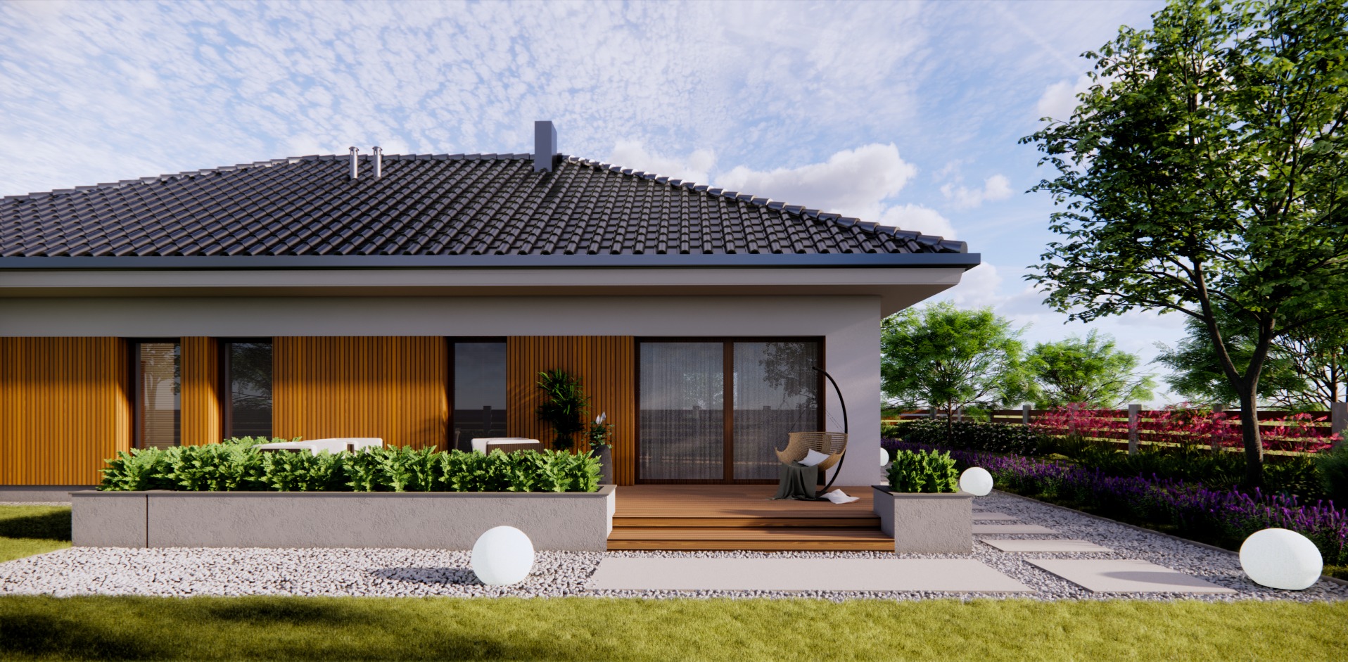 Wizualizacja domu jednorodzinnego z tarasem, drewnianą elewacją i ozdobnymi kulami świetlnymi w ogrodzie.