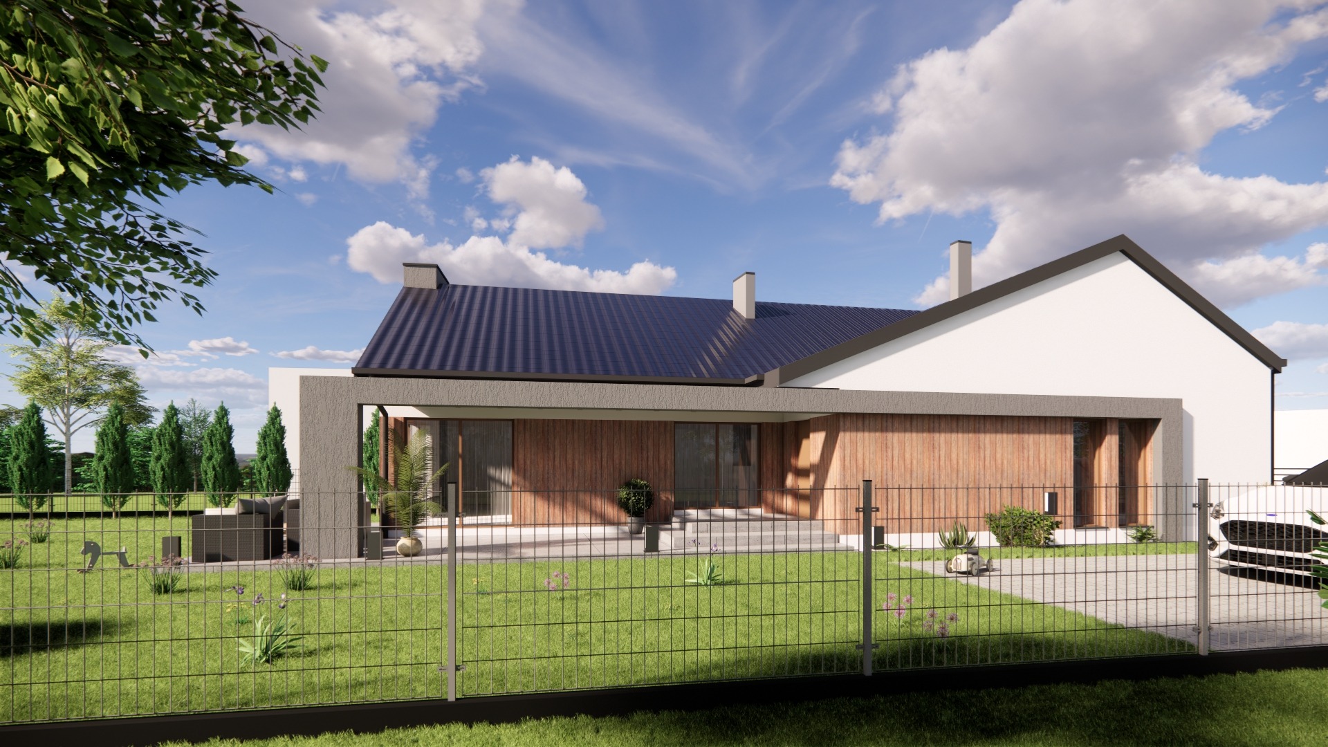 Wizualizacja nowoczesnego domu jednorodzinnego z drewnianą elewacją, grafitowym dachem i metalowym ogrodzeniem na tle błękitnego nieba z chmurami.