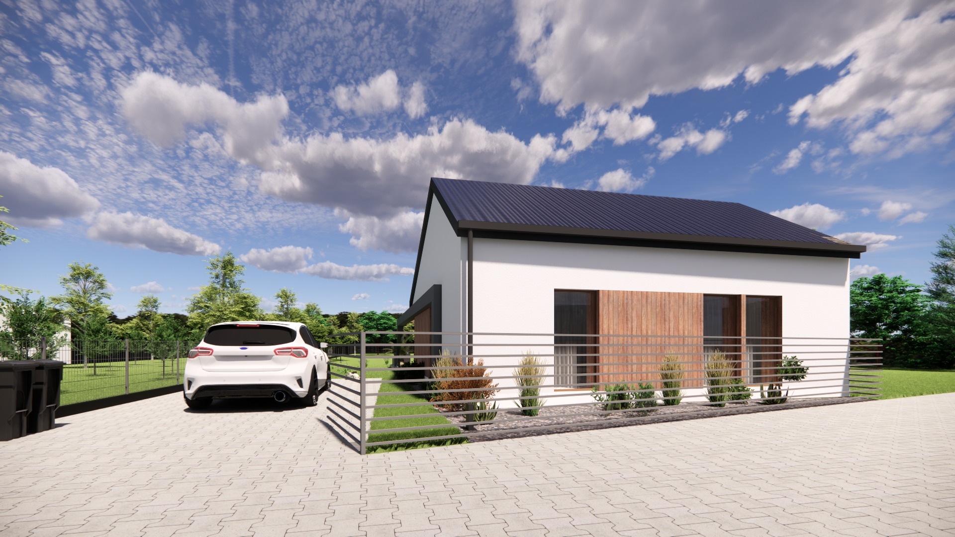 Wizualizacja nowoczesnego, parterowego domu z płaskim dachem i drewnianą elewacją, otoczonego niskim, poziomym ogrodzeniem; na podjeździe stoi biały samochód, a w tle widoczne zielone drzewa...