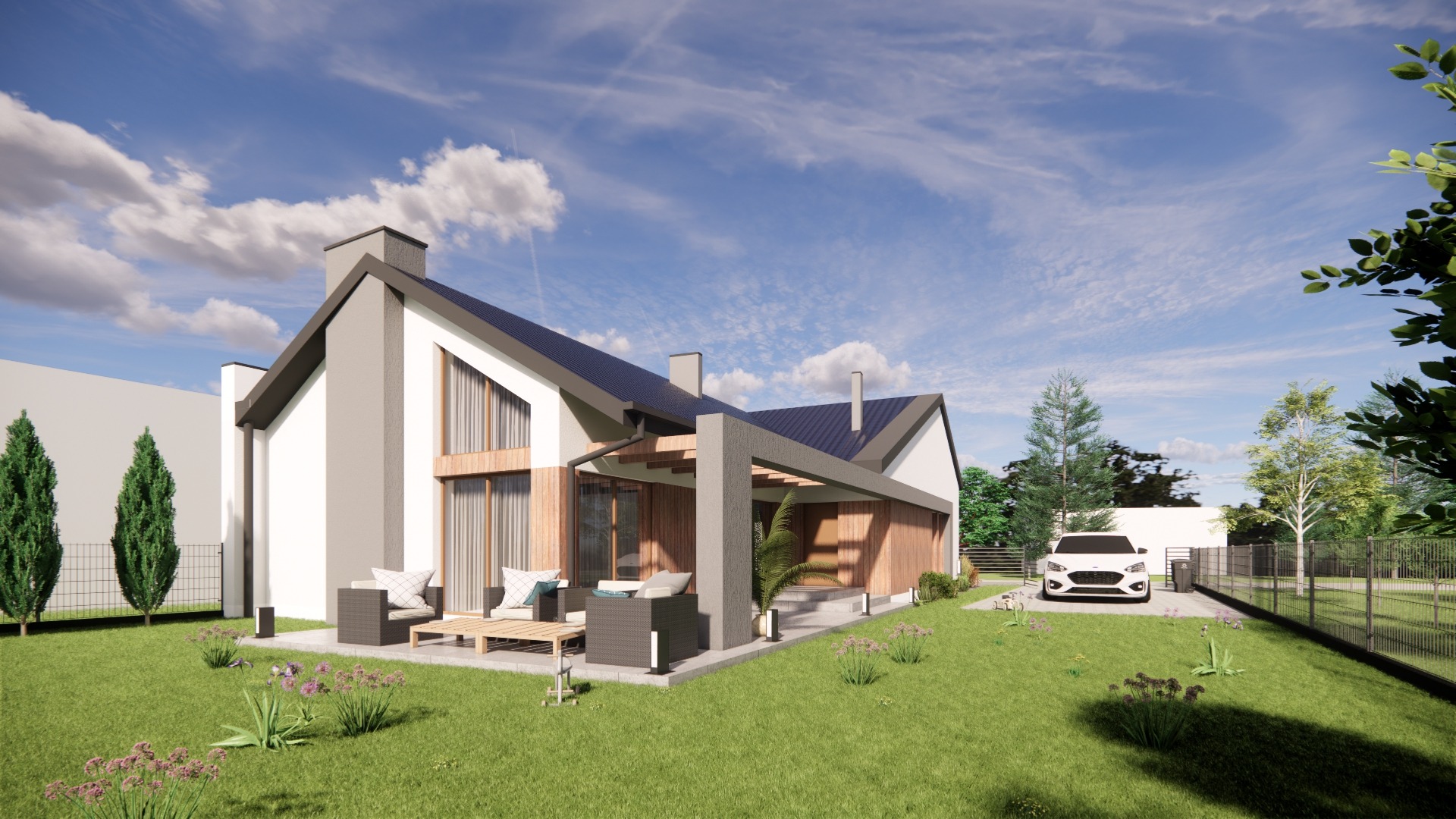 Wizualizacja nowoczesnego domu jednorodzinnego z ciemnoszarą dachówką, drewnianą elewacją i pergolą nad tarasem, na tle błękitnego nieba z chmurami cirrus, z białym samochodem zaparkowanym...