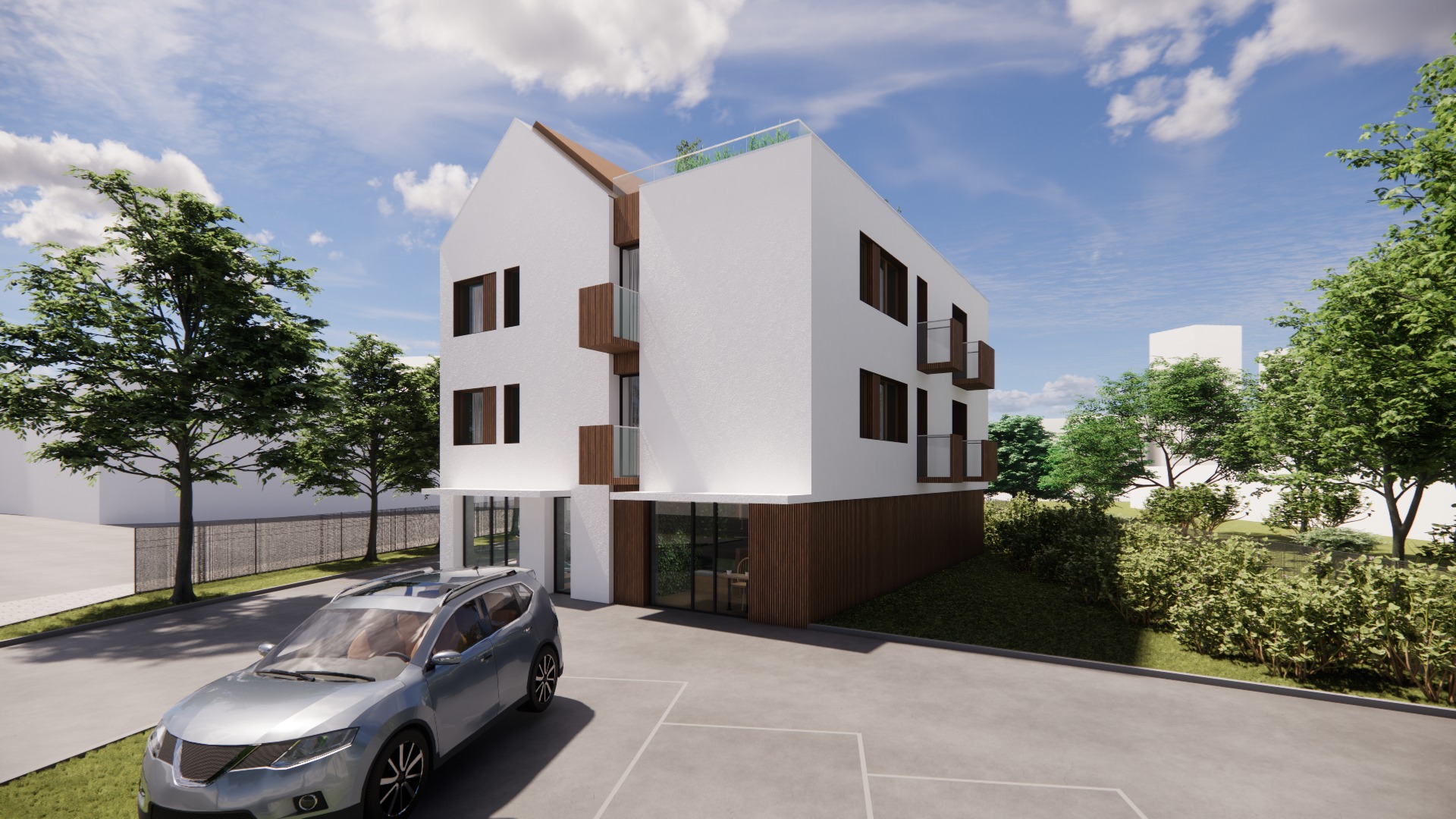 Wizualizacja trzykondygnacyjnego budynku mieszkalnego z płaskim dachem, drewnianymi akcentami i małymi balkonami, z zaparkowanym szarym SUV-em na pierwszym planie, otoczonego zielenią i błękitnym...