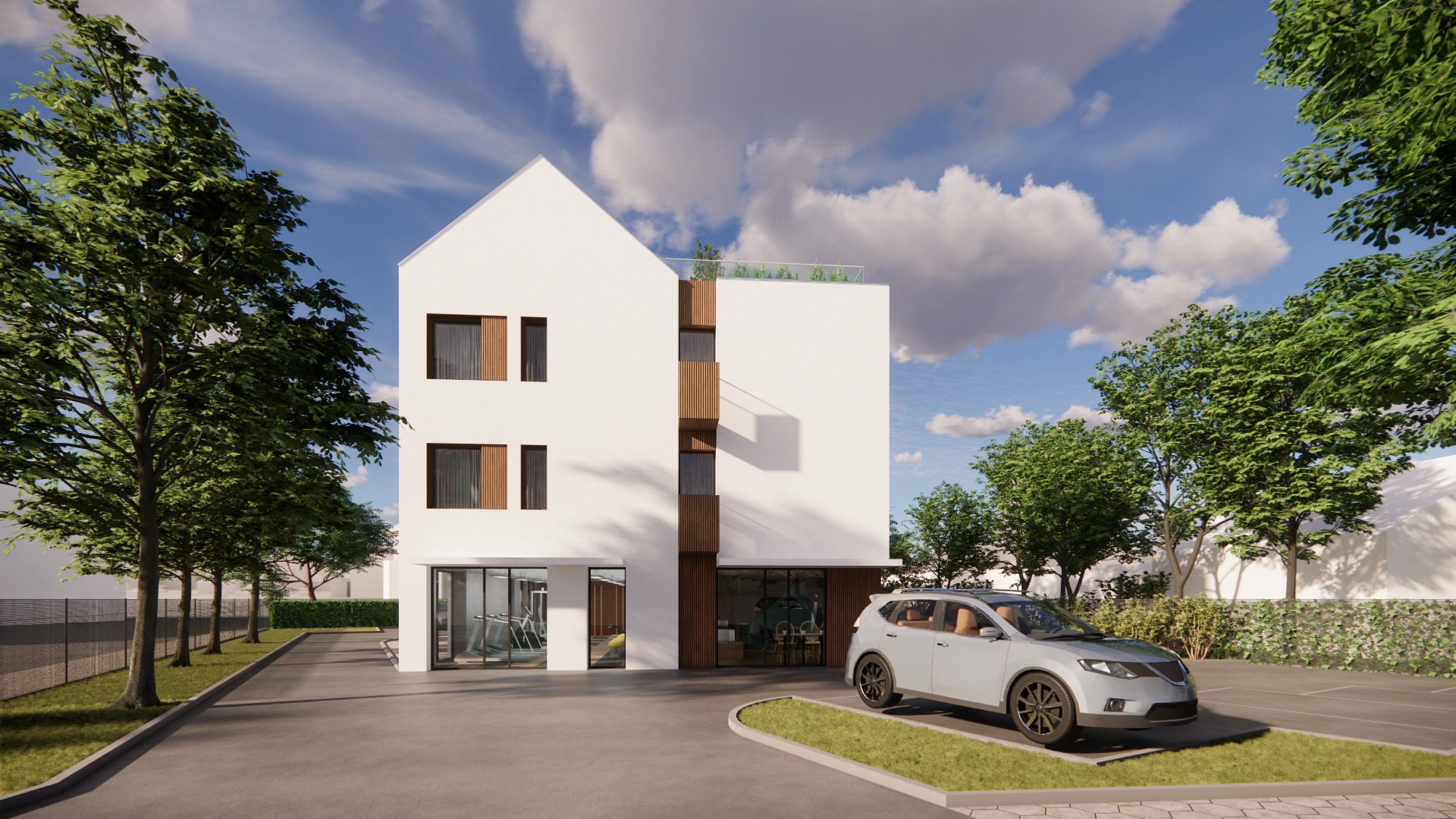 Wizualizacja nowoczesnego, trzypiętrowego budynku usługowego z białymi ścianami i drewnianymi akcentami, z widoczną zielenią na dachu, zaparkowany samochód osobowy, otoczenie z drzewami i kostką...