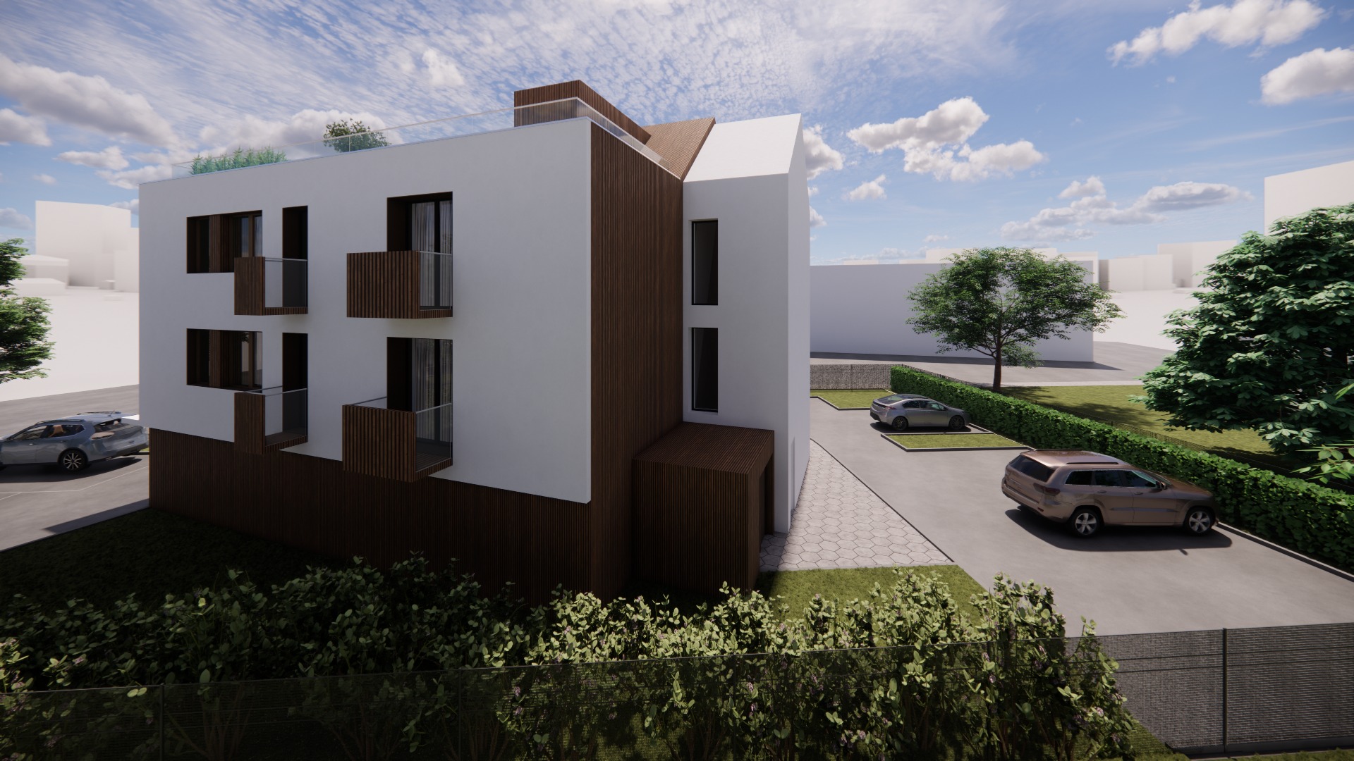 Wizualizacja zewnętrzna nowoczesnego, trzypiętrowego budynku mieszkalnego z balkonami o drewnianych balustradach, z roślinnością na dachu, otoczonego zielenią i zaparkowanymi samochodami.