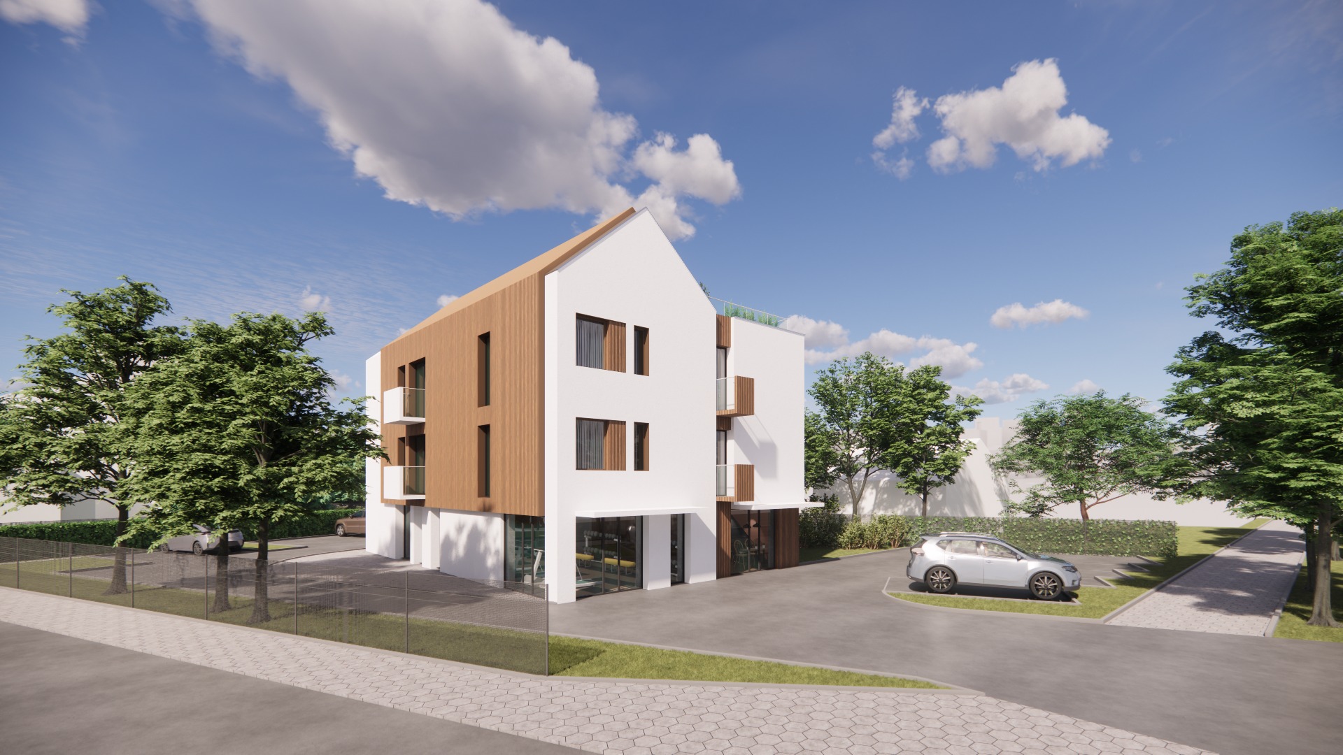 Wizualizacja nowoczesnego, trzypiętrowego budynku z elewacją w bieli i drewnie, z balkonami i dużymi oknami, otoczonego zielenią i z zaparkowanym srebrnym samochodem na podjeździe.