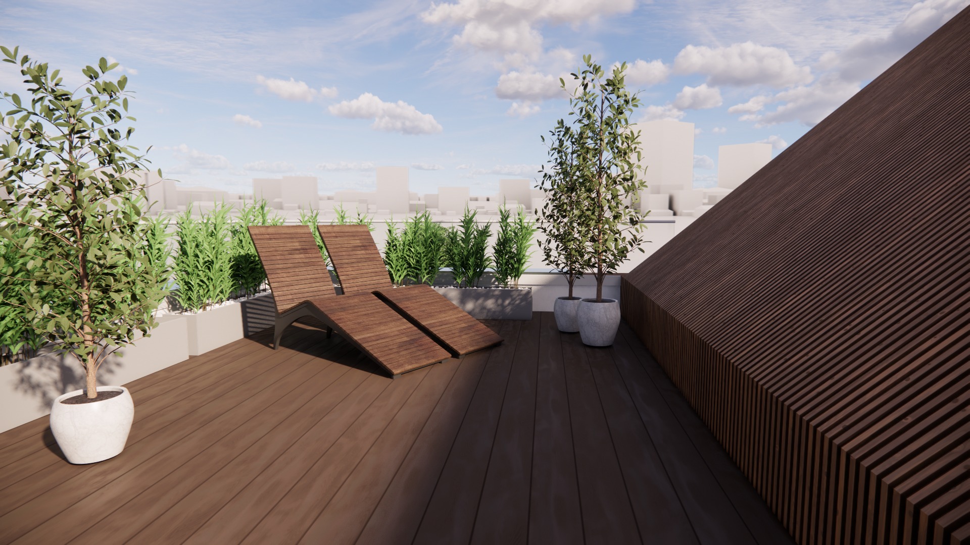Drewniany taras na dachu z dwoma leżakami, roślinami w donicach i widokiem na miasto w tle, oświetlony naturalnym światłem słonecznym.