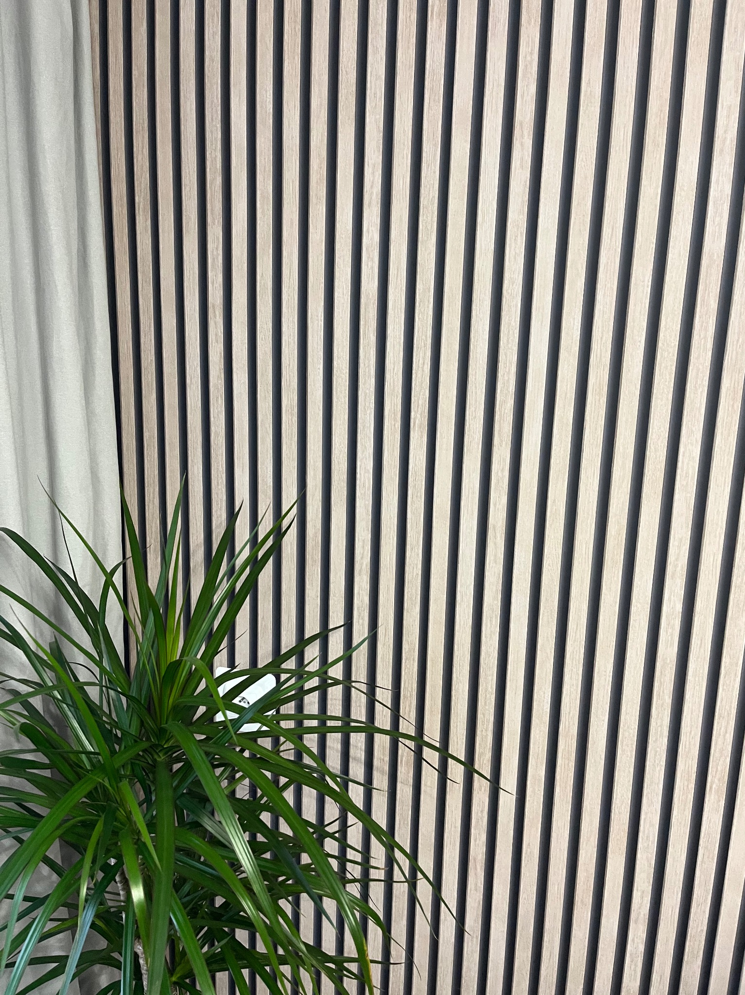 Panel ścienny z drewnianych listew w Wieliczce, z widoczną zieloną rośliną doniczkową i fragmentem zasłony.