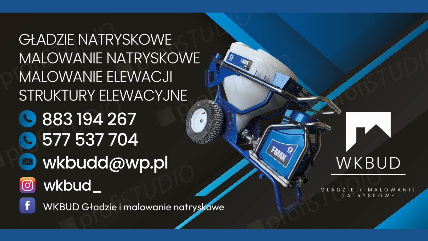 Grafika reklamowa firmy WKBUD prezentująca agregat natryskowy T-MAX 506, z informacjami kontaktowymi i zakresem usług: gładzie natryskowe, malowanie natryskowe, malowanie elewacji, struktury...