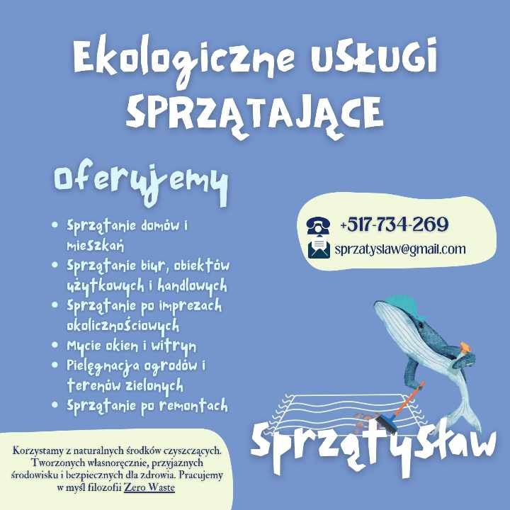 Grafika reklamowa firmy sprzątającej oferującej ekologiczne usługi, z listą oferowanych usług, numerem telefonu, adresem e-mail oraz ilustracją wieloryba sprzątającego dywan.