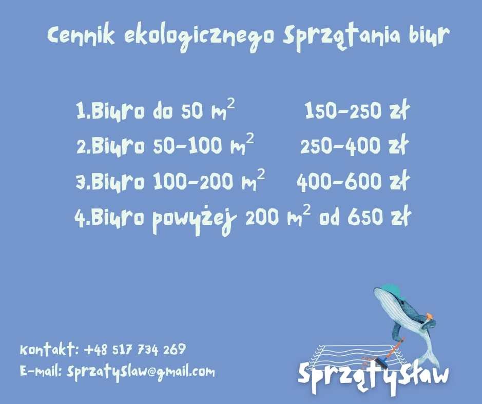 Cennik usług ekologicznego utrzymania czystości w biurach, z podziałem na metraż i widełki cenowe, uzupełniony o dane kontaktowe oraz stylizowane logo z wielorybem.