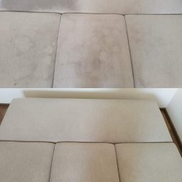 NT Detailing Profesjonalne Czyszczenie Tapicerki - Beżowa sofa modułowa przed i po czyszczeniu, widoczne plamy na górnej połowie zdjęcia, dolna połowa prezentuje czystą tapicerkę.