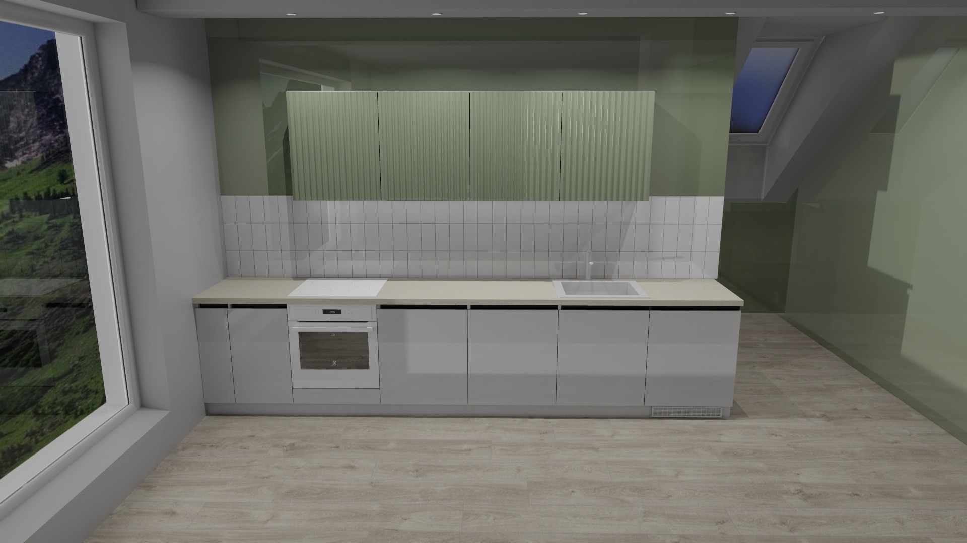 Minimalistyczna kuchnia z szarymi frontami i zielonymi szafkami górnymi. Widok na okno z widokiem na góry. Podłoga drewniana, białe płytki na ścianie.