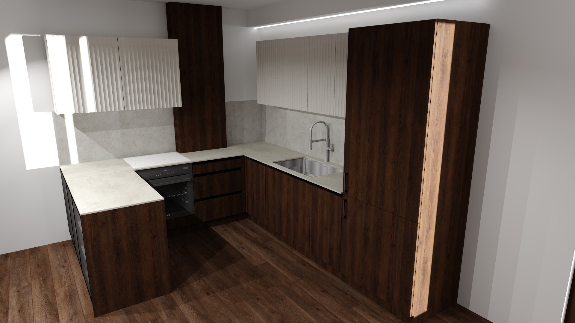 Wizualizacja kuchni w odcieniach brązu i beżu. Fronty szafek z wyraźnym rysunkiem drewna, beżowy blat i płytki. Minimalistyczne oświetlenie LED.