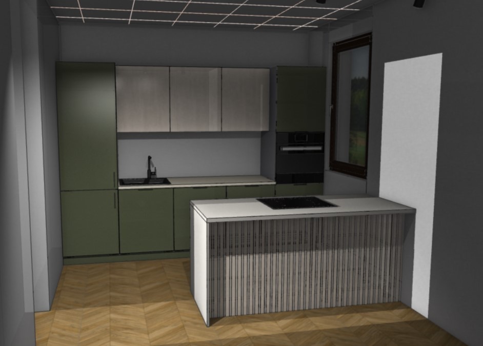 Wizualizacja nowoczesnej kuchni z zielonymi szafkami i wyspą z ryflowanym frontem. Widok na drewnianą podłogę i okno. Minimalistyczny design.