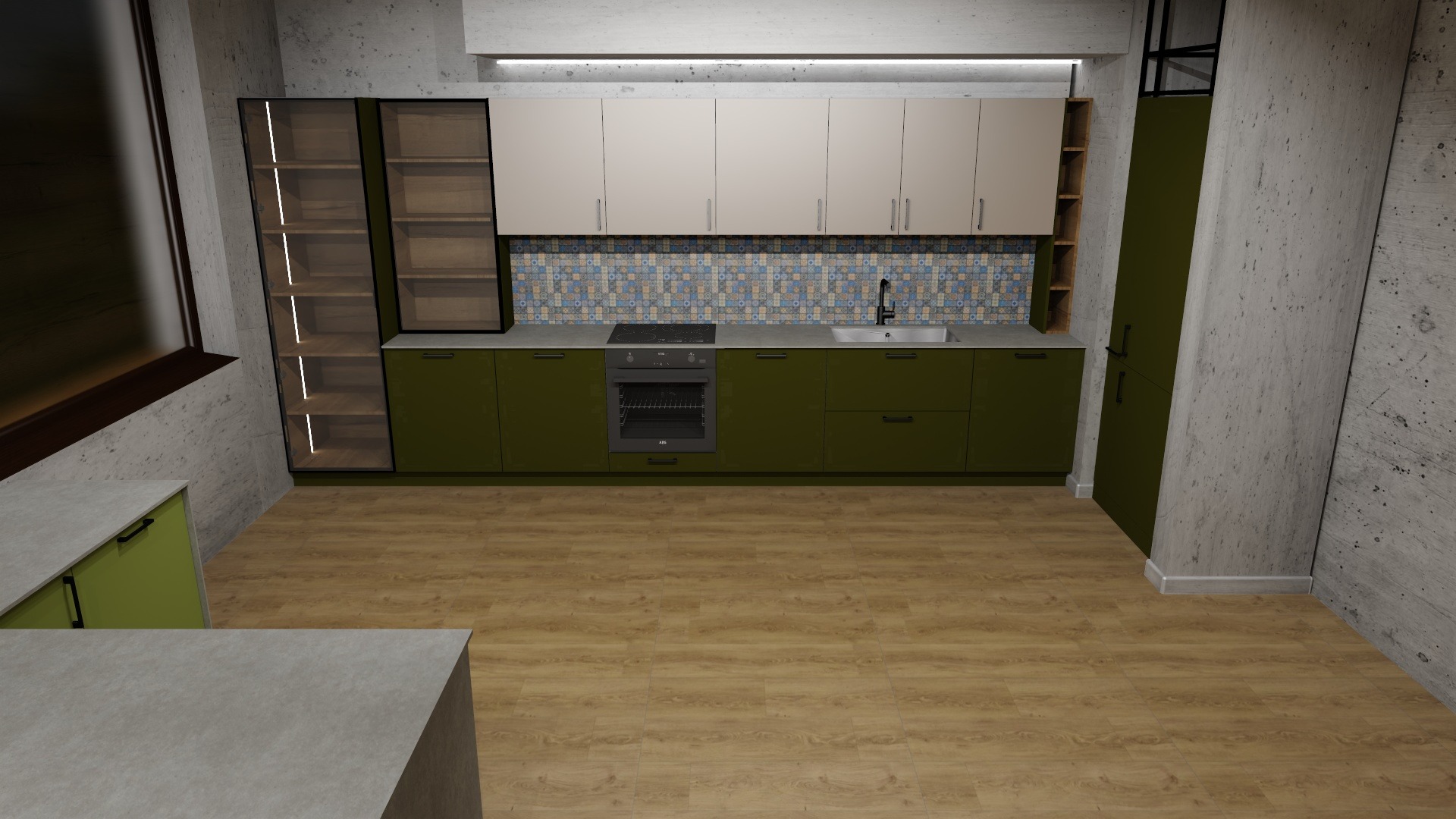 Wizualizacja kuchni z zielonymi szafkami dolnymi i białymi górnymi, wzorzysty backsplash i betonowe ściany. Nowoczesny projekt kuchni z oświetleniem LED w witrynach.