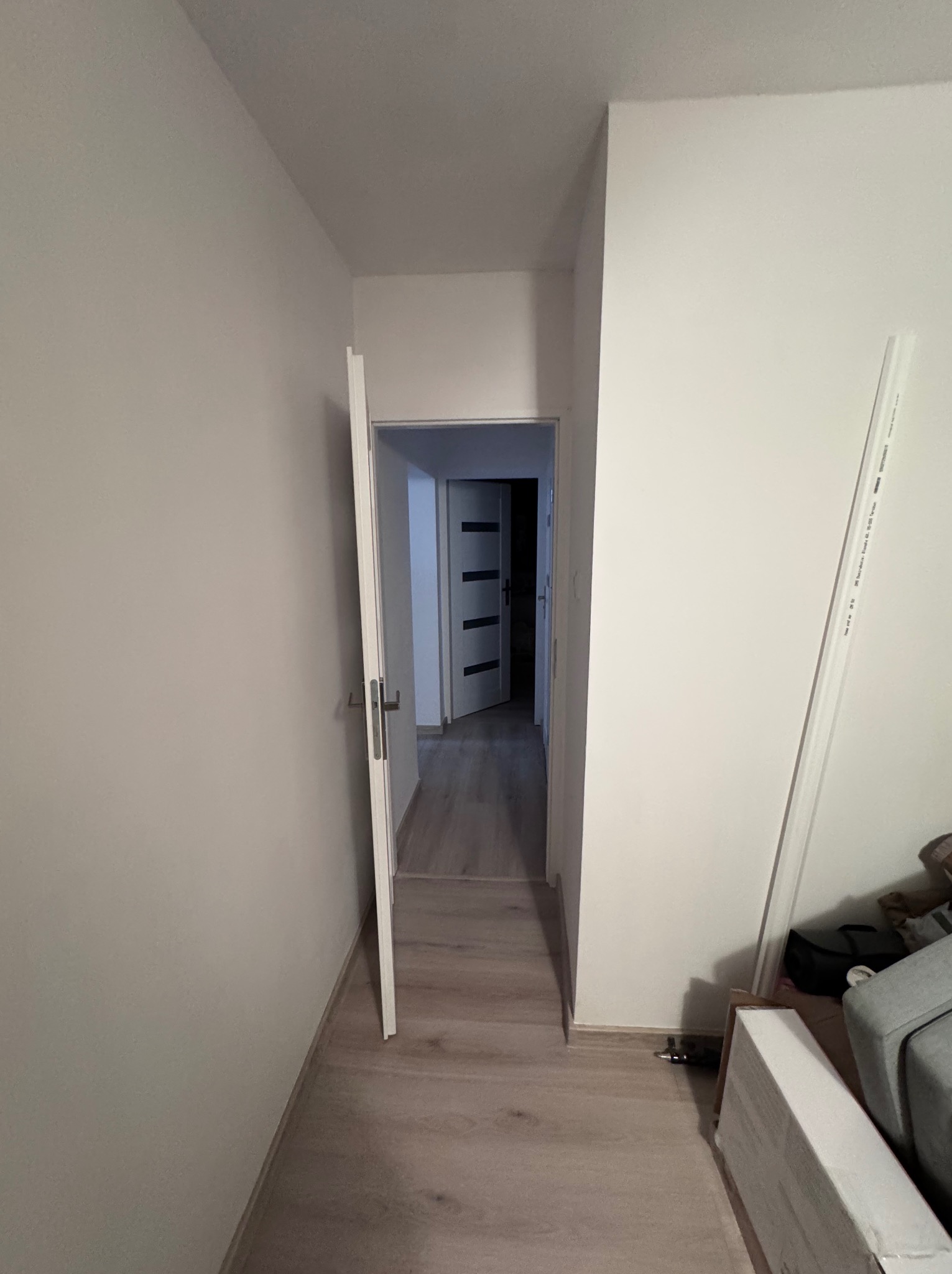 Wnętrze mieszkania w trakcie remontu, widok na otwarte drzwi do pokoju z jasnymi ścianami i panelami podłogowymi, w tle widoczna biała ściana i częściowo widoczne drzwi z ciemnymi paskami.