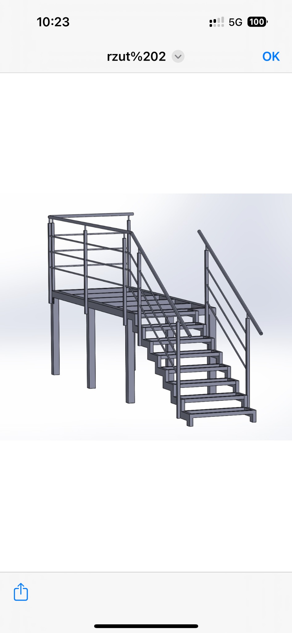 Model 3D schodów metalowych z balustradą, prezentujący konstrukcję nośną i zabezpieczenia, widok z boku.