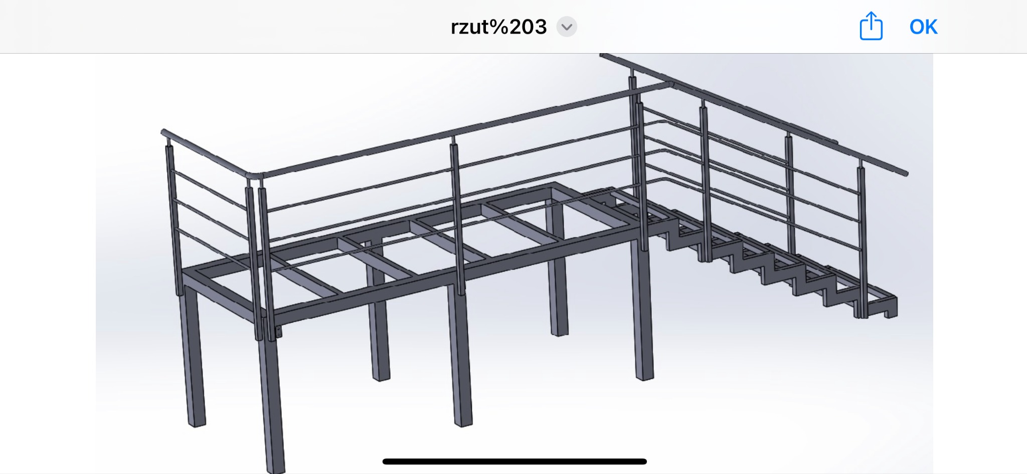 Model 3D metalowej konstrukcji antresoli ze schodami i balustradą, widok z góry.