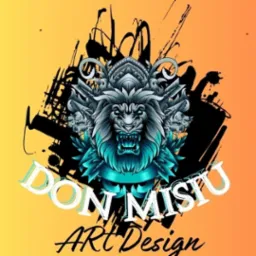 Grafika wektorowa przedstawiająca lwa z elementami ornamentyki, na pomarańczowo-żółtym tle z czarnymi plamami imitującymi farbę, z napisem 'DON MISTU ART Design'.
