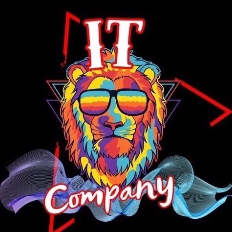 Kolorowy wizerunek lwa w okularach, z napisem 'IT Company' na czarnym tle, w stylu grafiki komputerowej.