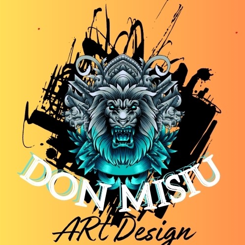 Grafika wektorowa przedstawiająca lwa z elementami ornamentyki, na pomarańczowo-żółtym tle z czarnymi plamami imitującymi farbę, z napisem 'DON MISTU ART Design'.