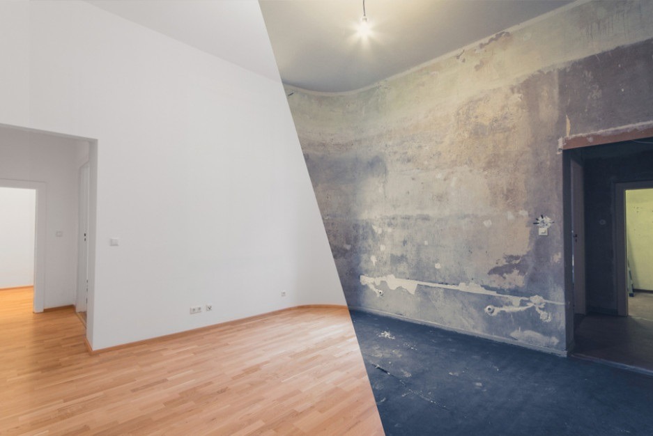 Pokój przed i po remoncie: po lewej stronie świeżo pomalowane ściany i parkiet, po prawej surowe ściany z resztkami starej farby i zniszczona podłoga.