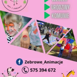 Plakat reklamowy z kolażem zdjęć: dziewczynka z pomalowaną twarzą tygrysa, dziecko z brokatowym tatuażem na ręce, grupa dzieci bawiących się na dmuchańcu i z chustą animacyjną, logo firmy...