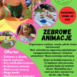 Plakat reklamowy z ofertą zabaw dla dzieci: zabawy z chustą, kącik malucha, gry wielkoformatowe, brokatowe tatuaże, malowanie twarzy, mega bańki, modelowanie balonów, zamykanie w bańce, logo firmy...