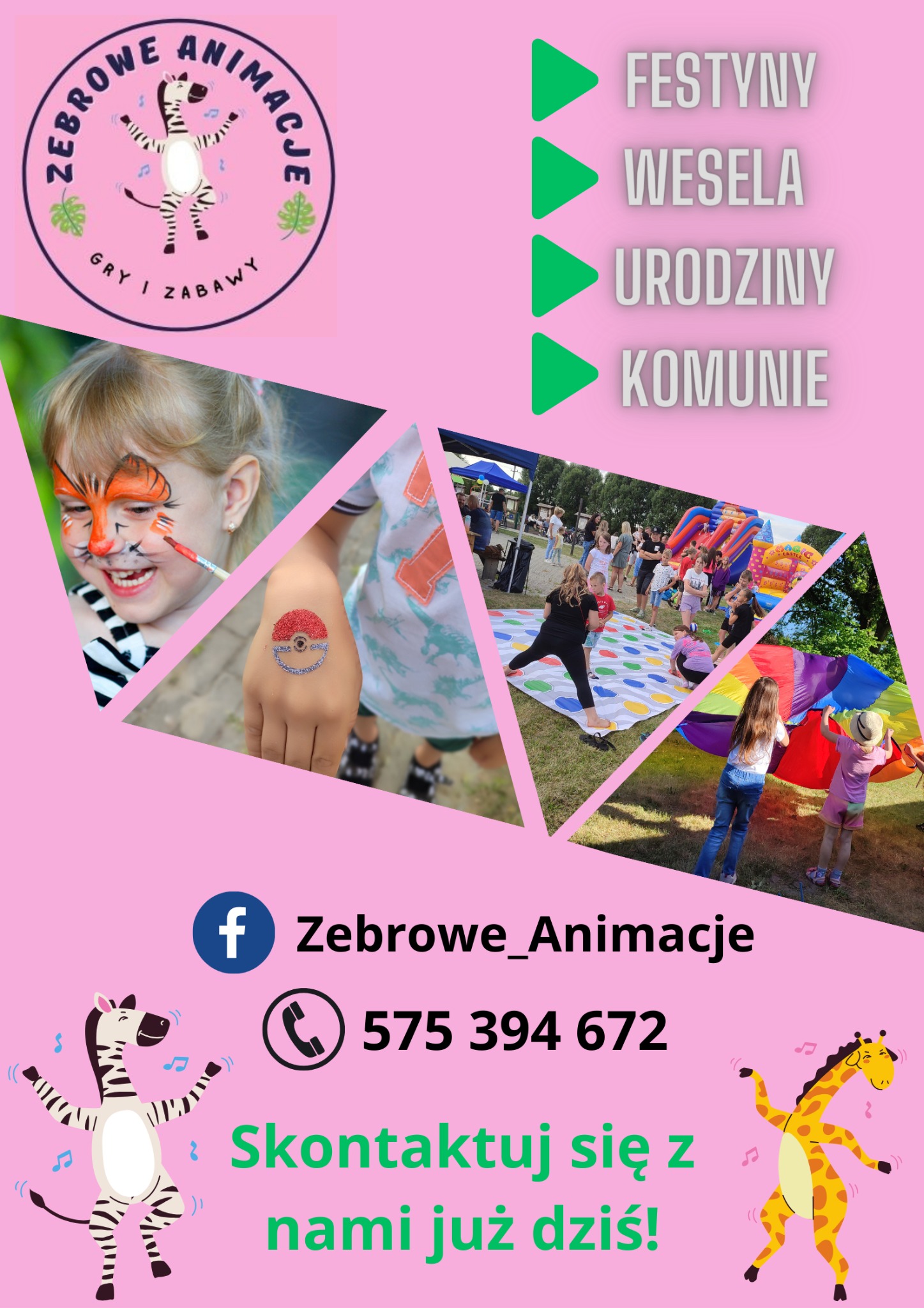 Plakat reklamowy z kolażem zdjęć: dziewczynka z pomalowaną twarzą tygrysa, dziecko z brokatowym tatuażem na ręce, grupa dzieci bawiących się na dmuchańcu i z chustą animacyjną, logo firmy...