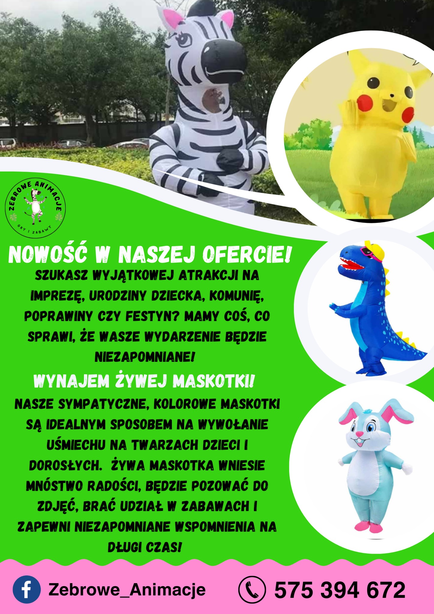 Reklama firmy oferującej wynajem dmuchanych kostiumów zwierząt i postaci z bajek: zebry, Pikachu, dinozaura i królika.