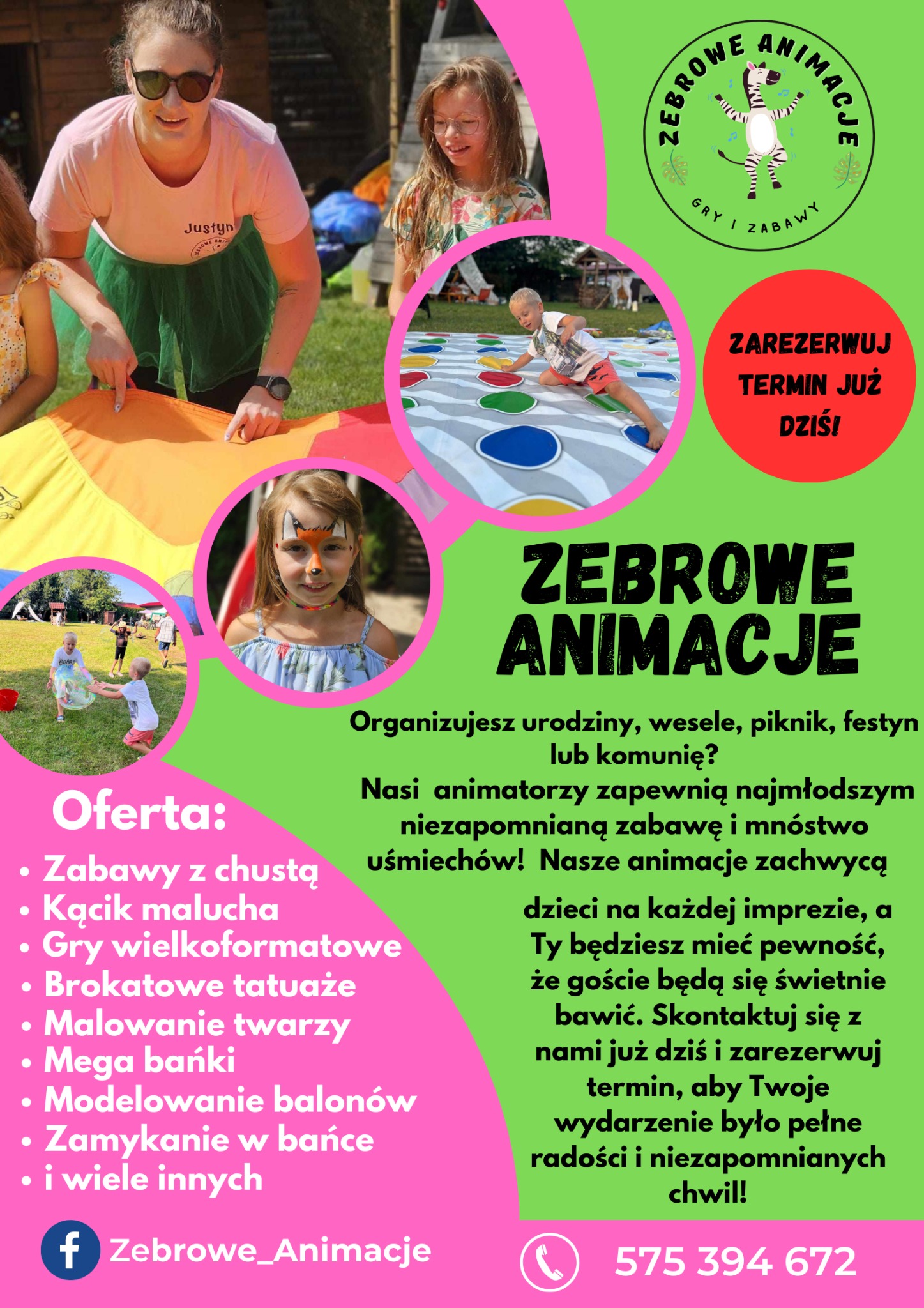 Plakat reklamowy z ofertą zabaw dla dzieci: zabawy z chustą, kącik malucha, gry wielkoformatowe, brokatowe tatuaże, malowanie twarzy, mega bańki, modelowanie balonów, zamykanie w bańce, logo firmy...