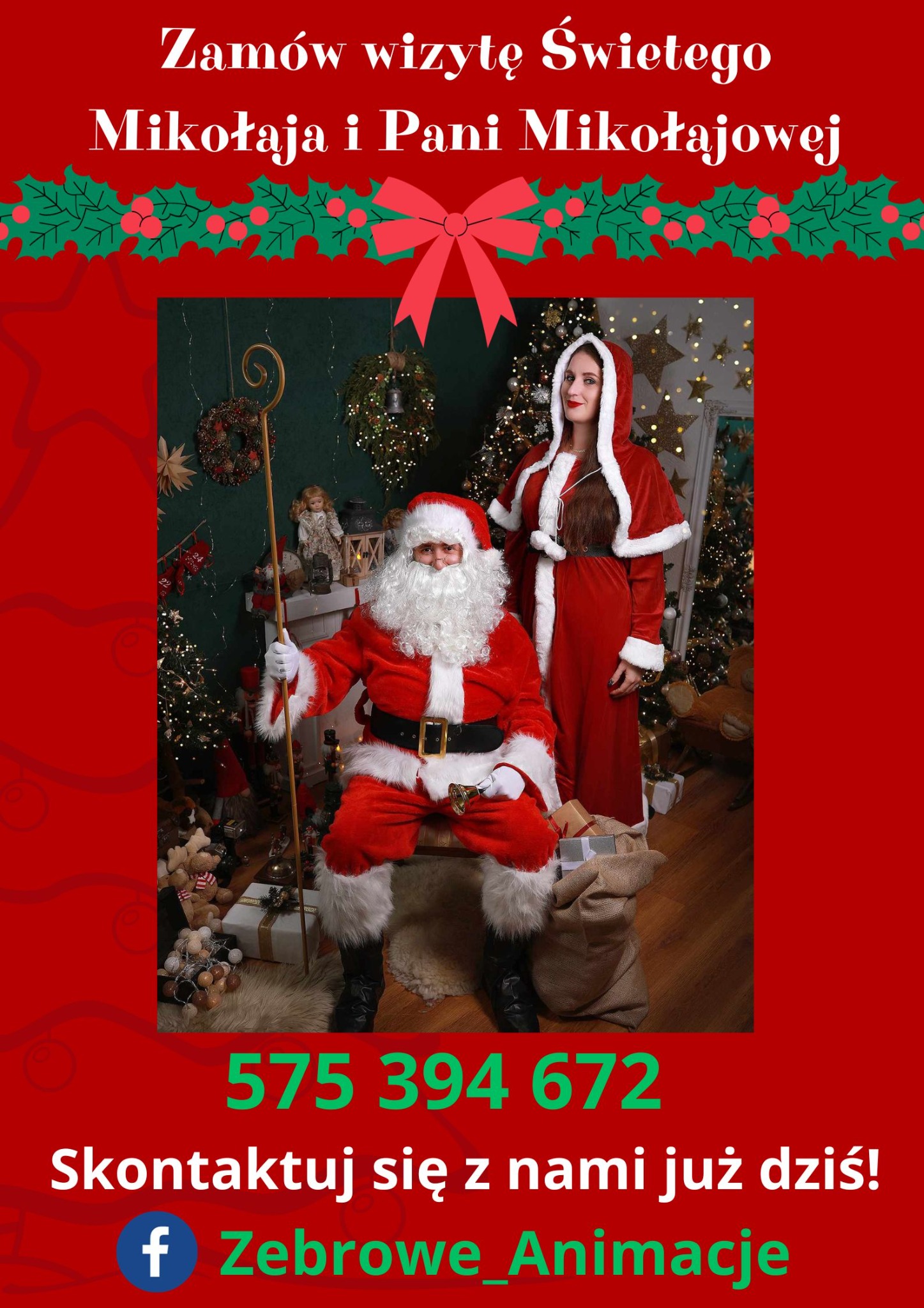 Grafika reklamowa z Mikołajem i Panią Mikołajową w czerwonych strojach, z numerem telefonu i informacją o kontakcie.