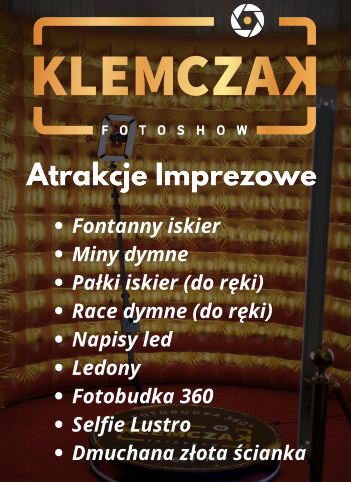 Plakat reklamowy atrakcji imprezowych z dmuchaną złotą ścianką, fontannami iskier, napisami LED i urządzeniem do zdjęć 360.