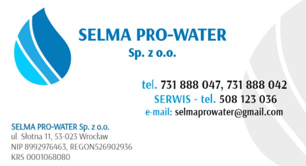 Wizytówka firmy SELMA PRO-WATER z niebieskim logotypem w kształcie kropli, zawierająca dane kontaktowe: adres, numery telefonów i adres e-mail.