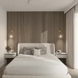 Nowoczesna sypialnia we Wrocławiu z drewnianą okładziną ścienną, lampkami nocnymi z kulistymi kloszami i łóżkiem z wezgłowiem w geometryczny wzór.