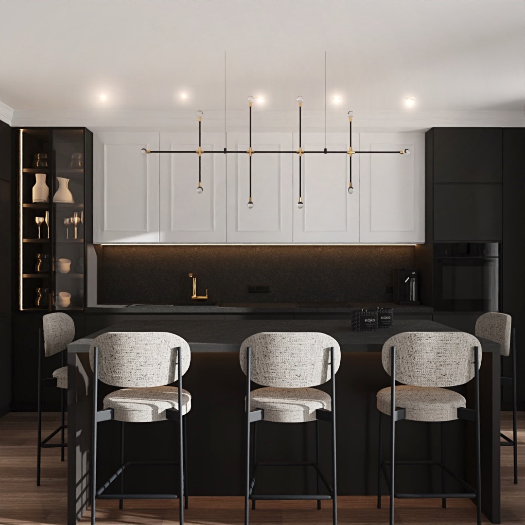Nowoczesna kuchnia w czerni i bieli z wyspą, trzema hokerami z tapicerowanymi siedziskami, oświetleniem punktowym i minimalistyczną lampą wiszącą.