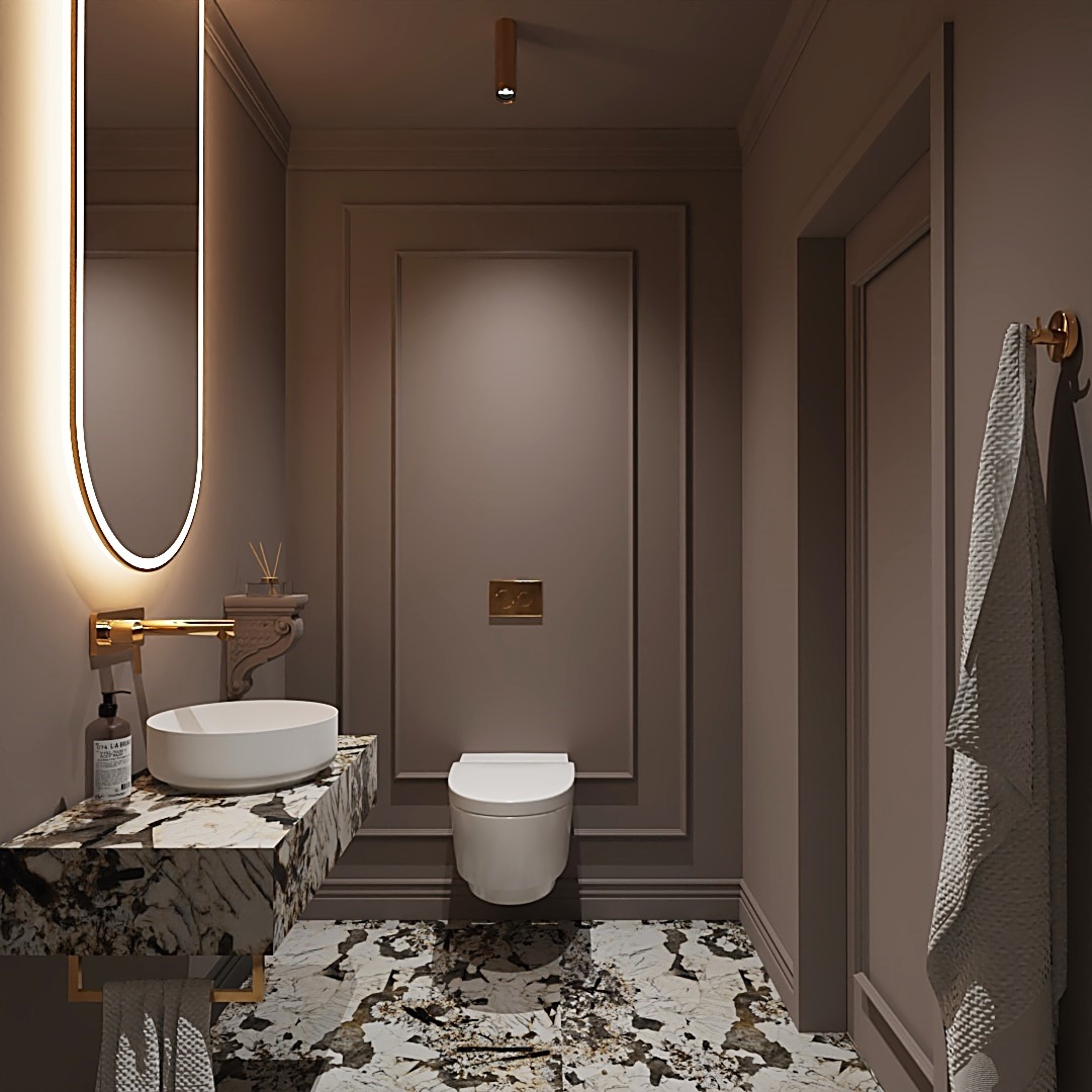 Elegancka łazienka w odcieniach brązu z marmurową umywalką, podświetlanym lustrem i wiszącą toaletą.