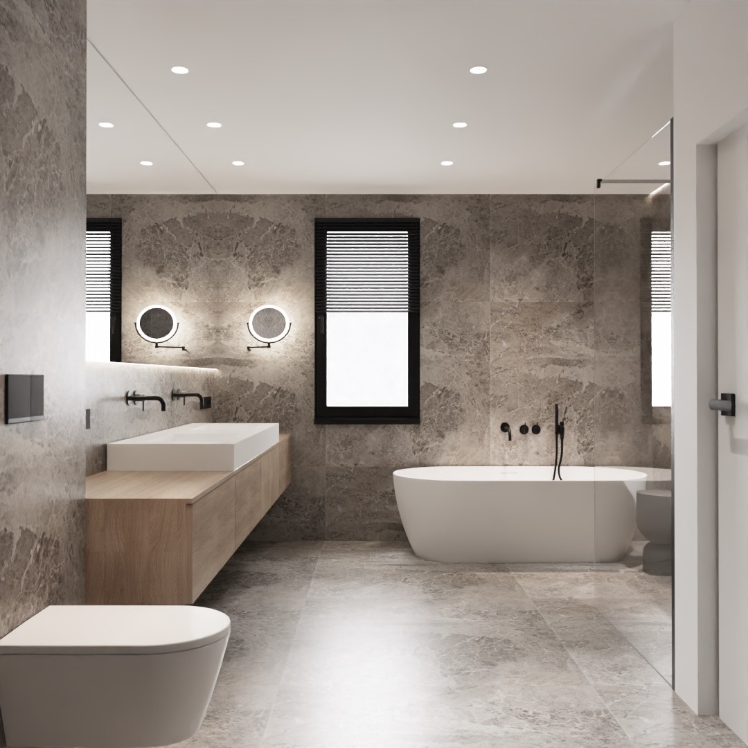 Nowoczesna łazienka z marmurowymi płytkami, podświetlanymi lustrami, drewnianą szafką pod umywalką i wolnostojącą wanną.