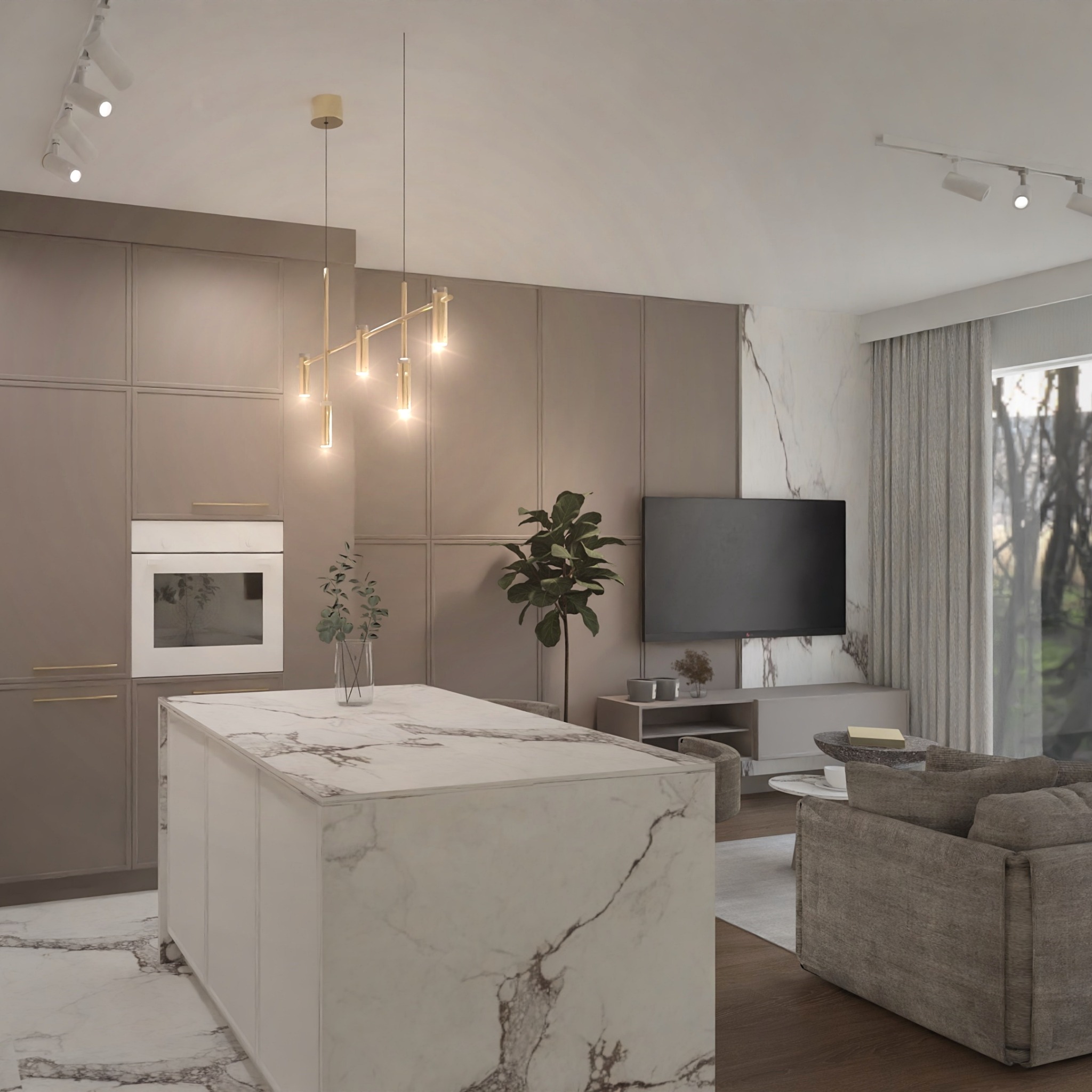 Wnętrze salonu z aneksem kuchennym utrzymane w stonowanej kolorystyce, z marmurową wyspą kuchenną, szarą sofą i telewizorem na ścianie z imitacją marmuru.