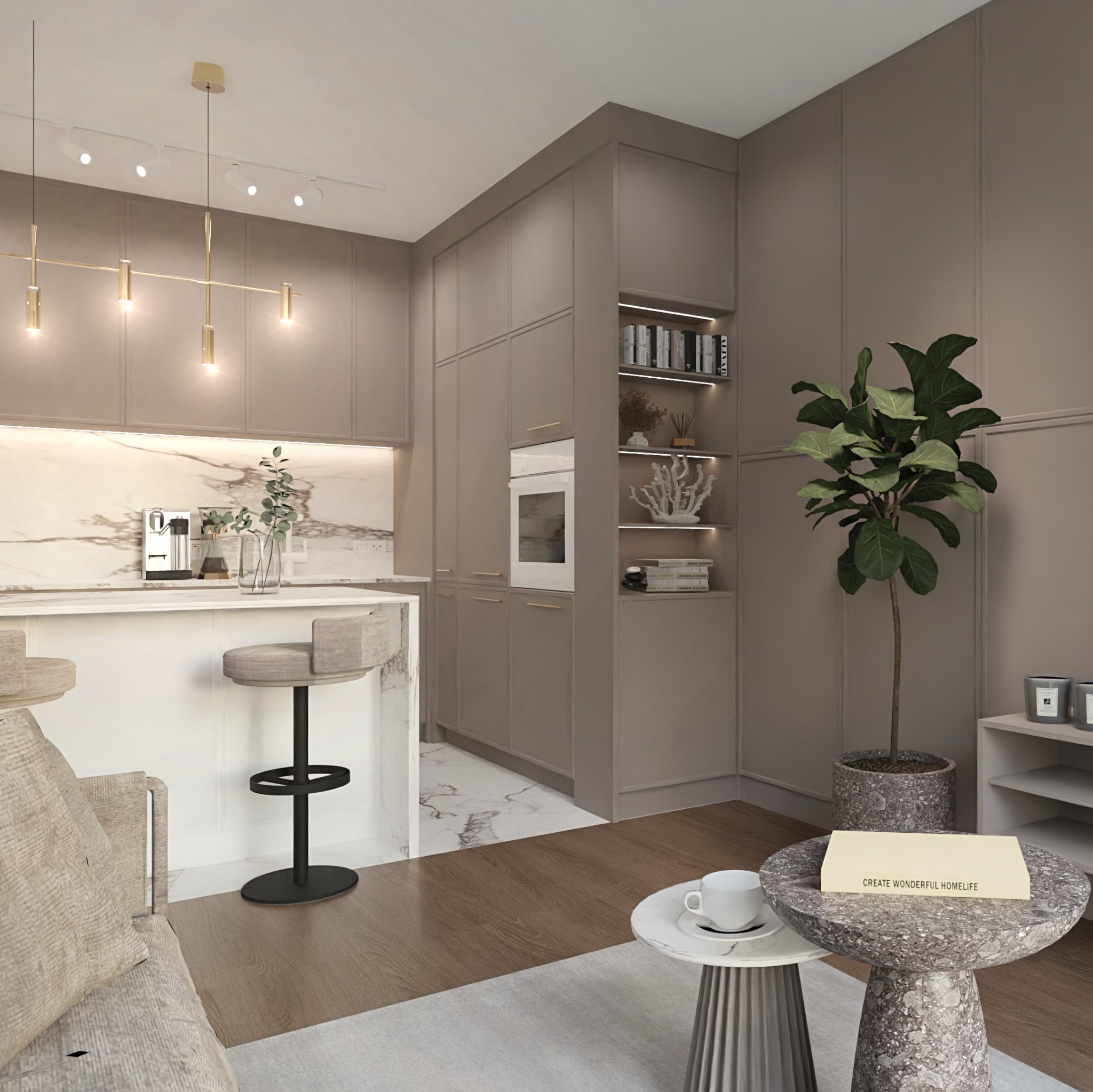 Wizualizacja wnętrza: kuchnia otwarta na salon, beżowe szafki kuchenne z wbudowanym piekarnikiem, marmurowy blat, wysokie krzesła barowe, drewniana podłoga, stoliki kawowe z marmurowymi blatami...