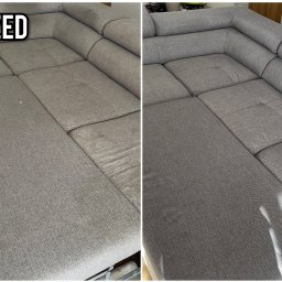 BubbleB - Szary narożnik tapicerowany, widok z góry: lewa strona z plamami i zabrudzeniami oznaczona jako 'PRZED', prawa strona czysta i odświeżona oznaczona jako 'PO'.