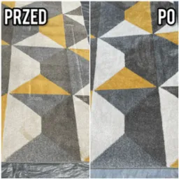 Dywan z geometrycznym wzorem w odcieniach szarości, bieli i żółci, podzielony na dwie części: 'PRZED' z widocznymi plamami i zabrudzeniami oraz 'PO' - czysty i odświeżony.