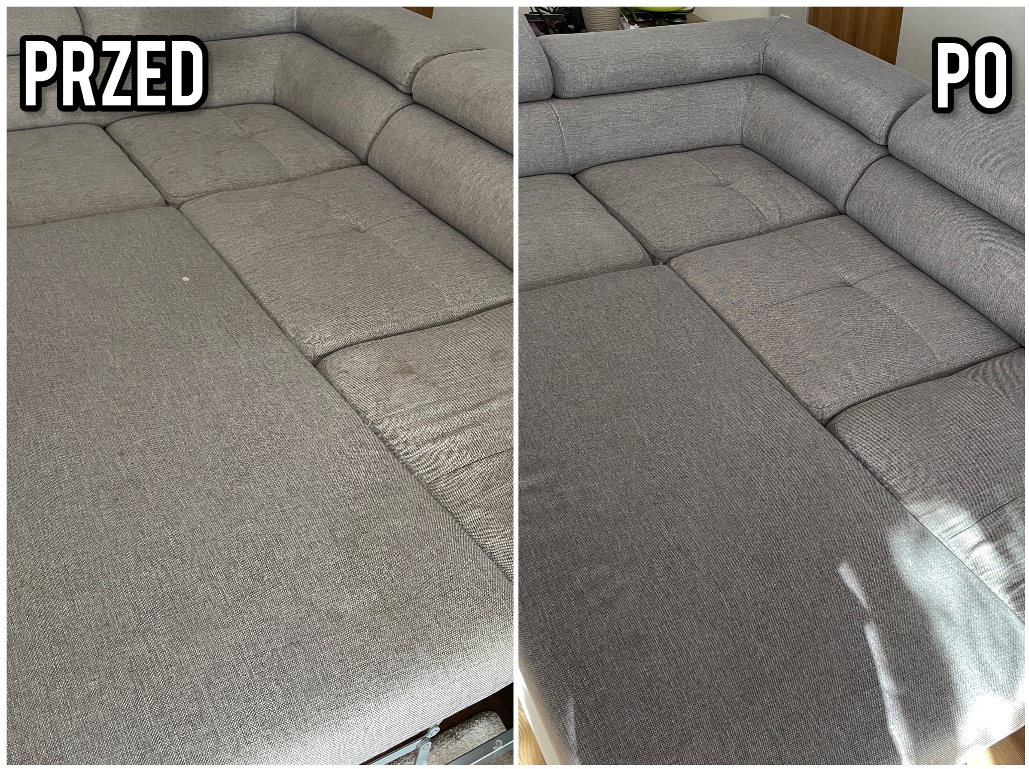 Szary narożnik tapicerowany, widok z góry: lewa strona z plamami i zabrudzeniami oznaczona jako 'PRZED', prawa strona czysta i odświeżona oznaczona jako 'PO'.