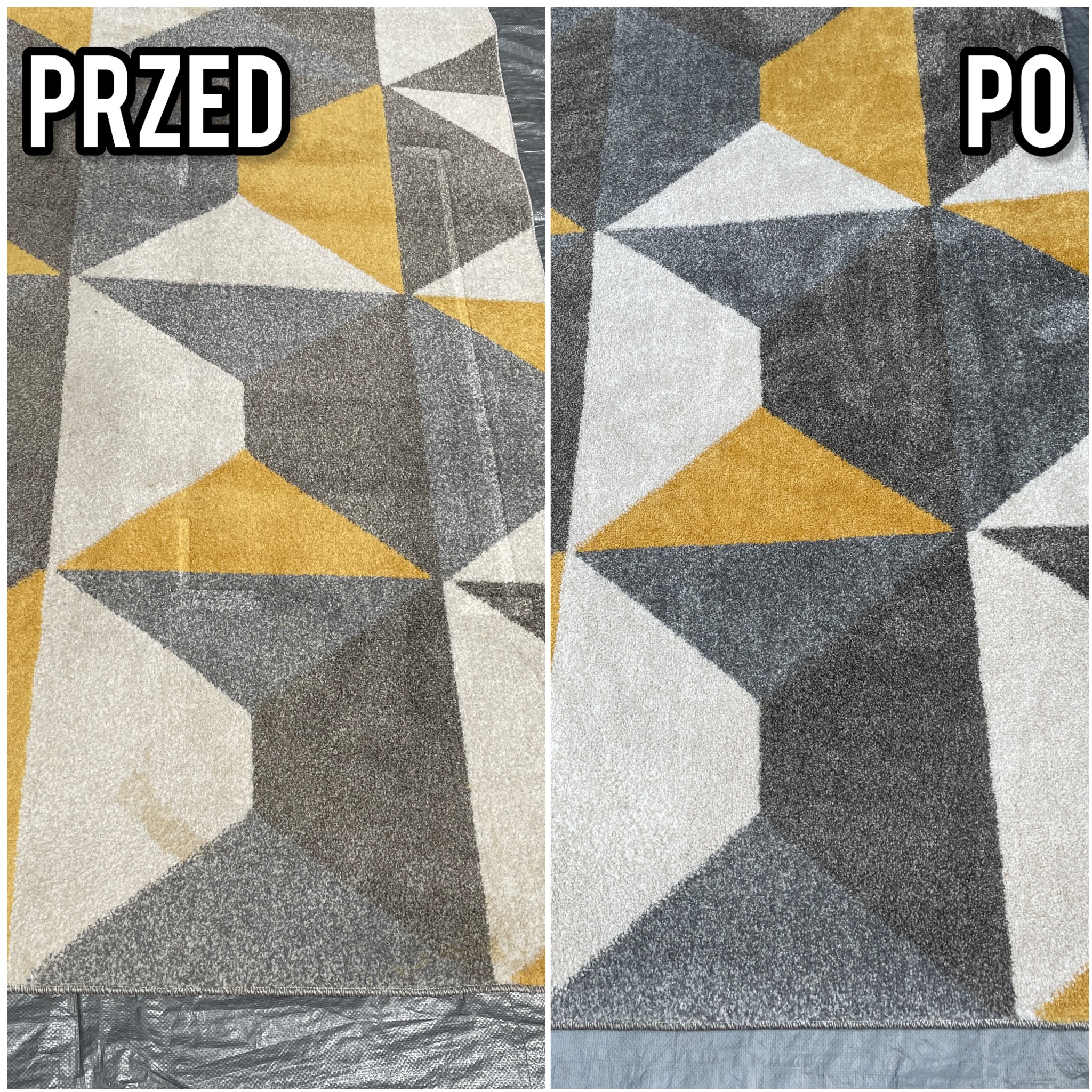 Dywan z geometrycznym wzorem w odcieniach szarości, bieli i żółci, podzielony na dwie części: 'PRZED' z widocznymi plamami i zabrudzeniami oraz 'PO' - czysty i odświeżony.