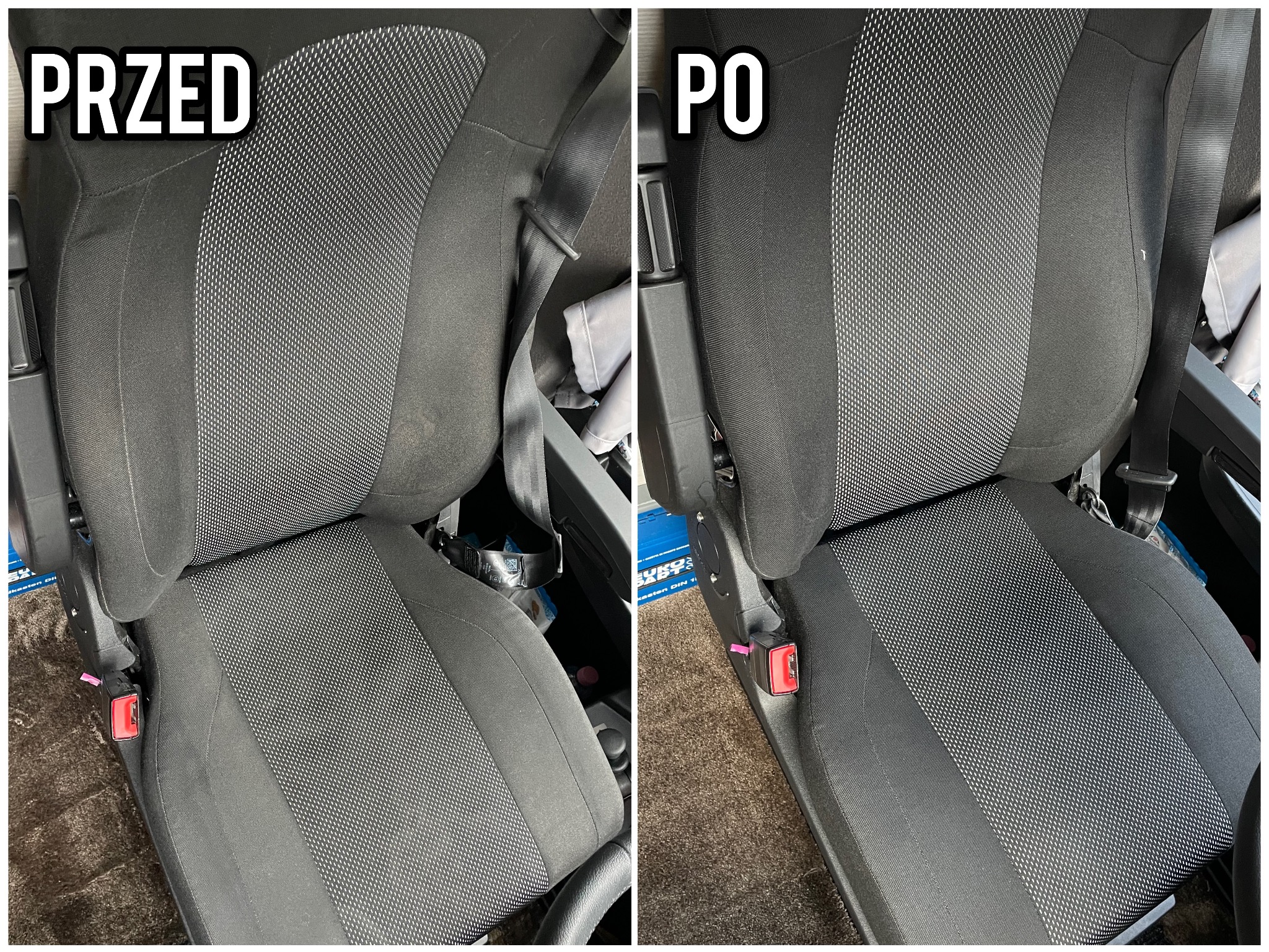 Tapicerowane siedzenie samochodowe w układzie 'przed i po' czyszczeniu, widoczne różnice w wyglądzie materiału.