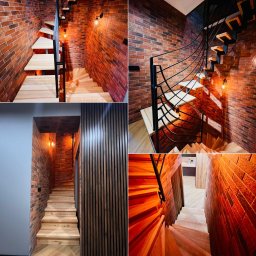 Kolaż: Schody drewniane z metalową balustradą, ceglana ściana z oświetleniem. Ujęcie z różnych perspektyw, ukazujące detale wykończenia wnętrza.