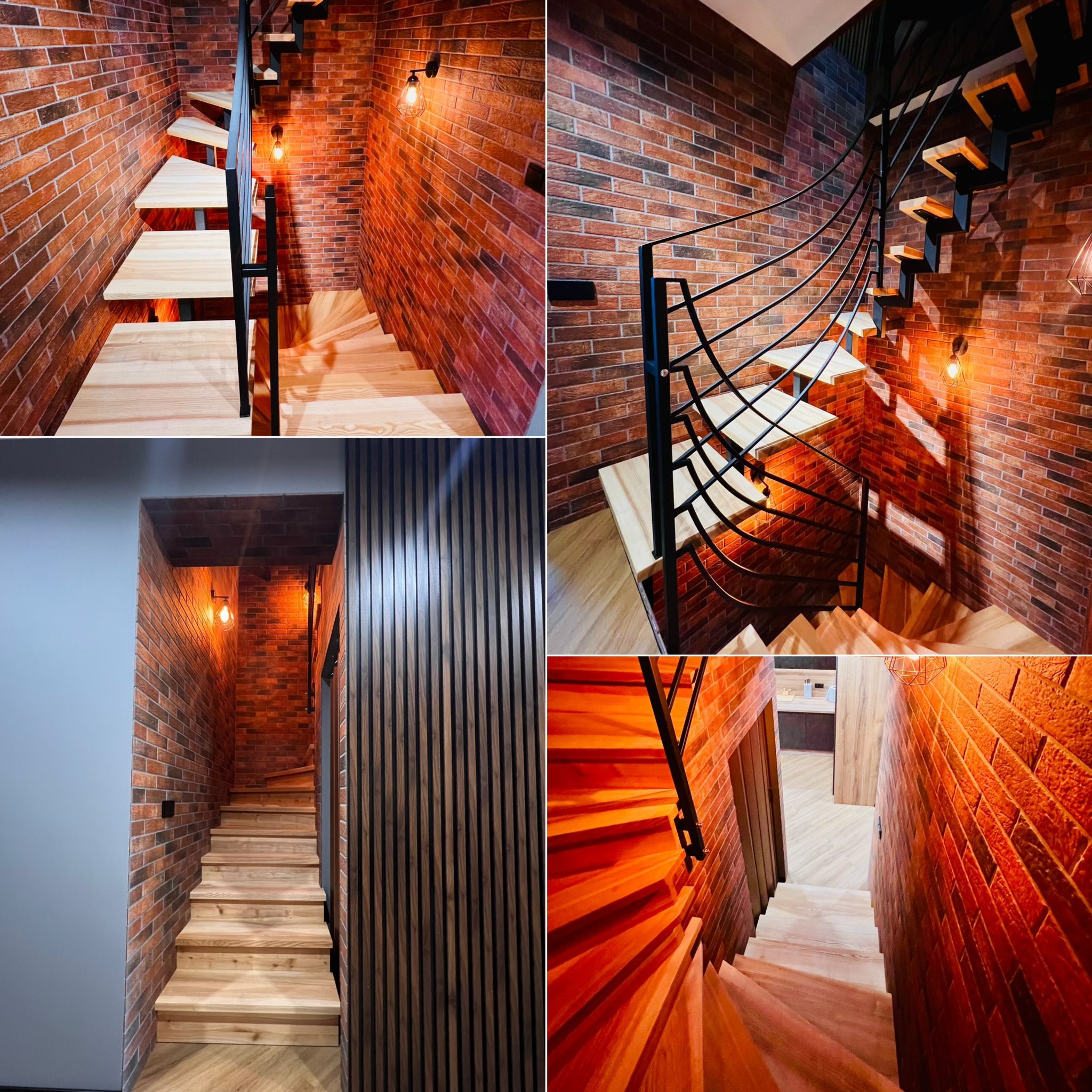 Kolaż: Schody drewniane z metalową balustradą, ceglana ściana z oświetleniem. Ujęcie z różnych perspektyw, ukazujące detale wykończenia wnętrza.