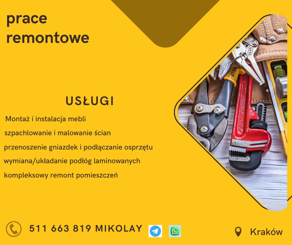 Żółte tło z napisem 'prace remontowe' i listą usług remontowych, obok zbliżenie na pas narzędziowy z różnymi narzędziami, takimi jak kombinerki, klucz nastawny i poziomica.