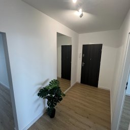 WOŹNIAK - Usługi Remontowe - Wnętrze przedpokoju po remoncie: białe ściany, drewnopodobne panele podłogowe, duże lustro, czarne drzwi wejściowe, oświetlenie punktowe i roślina doniczkowa Monstera deliciosa.