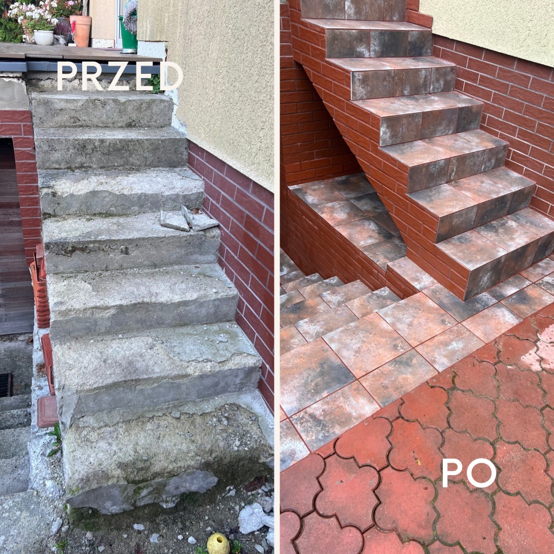 Porównanie stanu schodów zewnętrznych przed i po remoncie: surowe betonowe schody kontra wykończone cegłą klinkierową i płytkami ceramicznymi w odcieniach brązu i szarości.